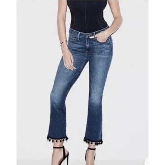 GOOD AMERICAN The Pom Pom Good Boot Crop Jeans Size 16 - Picture 1 of 7